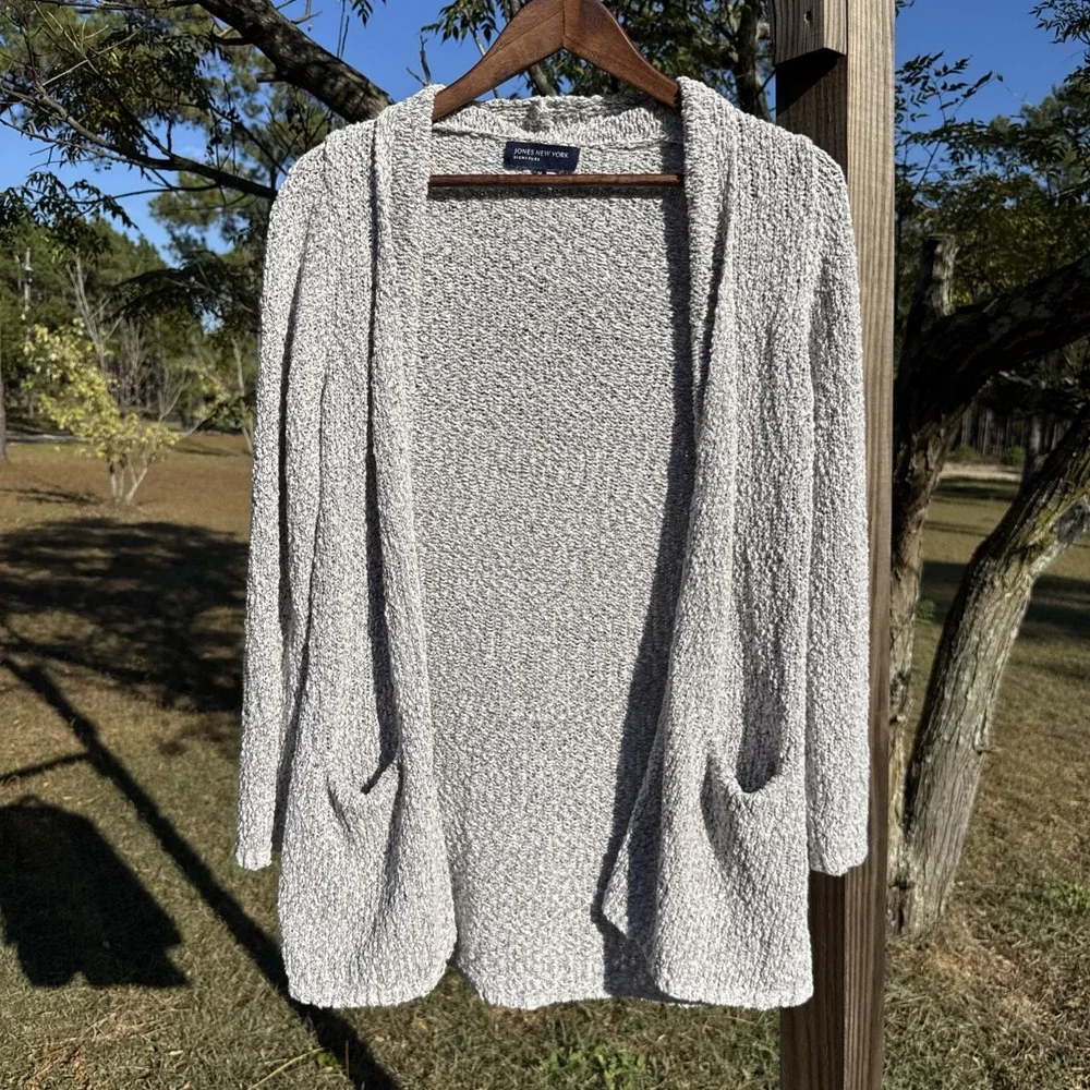 Jones New York Cardigan Women Medium Gray Heather Open Front Pockets Long Casual